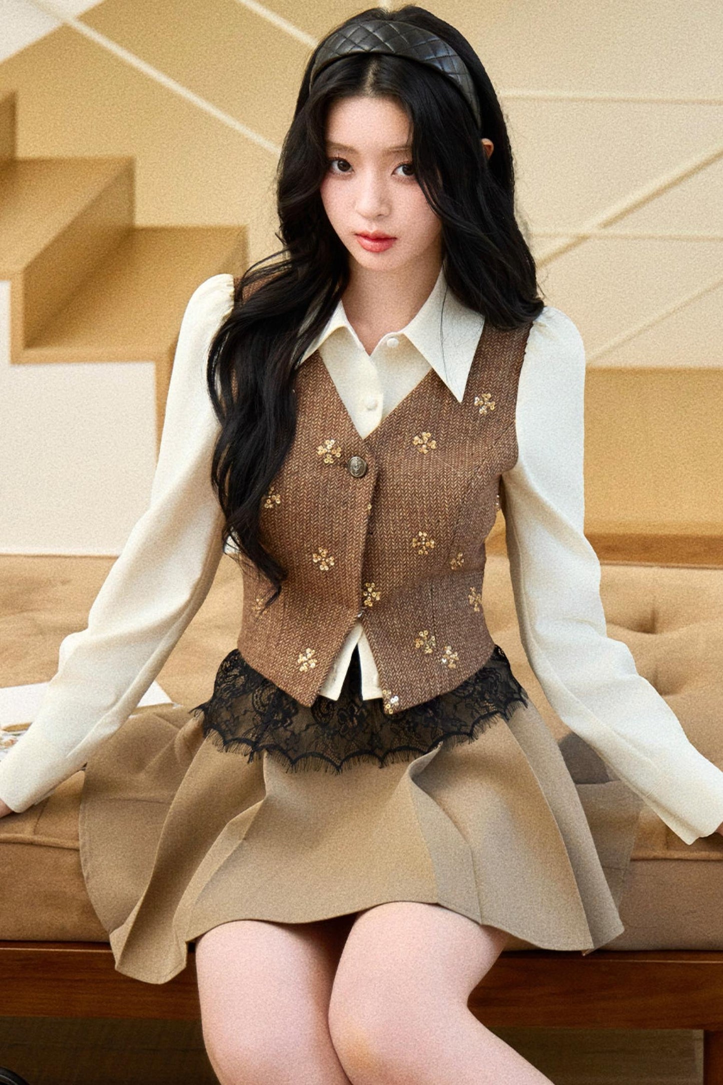 Embroidered Beaded Faux Two-Piece Shirt Set-Up