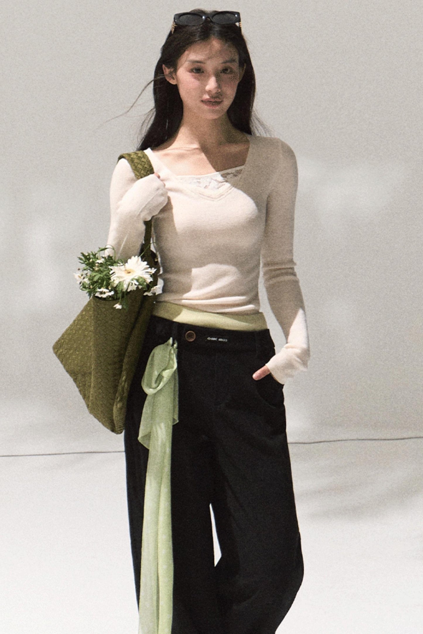 Skin Lace Wool Knit Sleeve Sweater Top