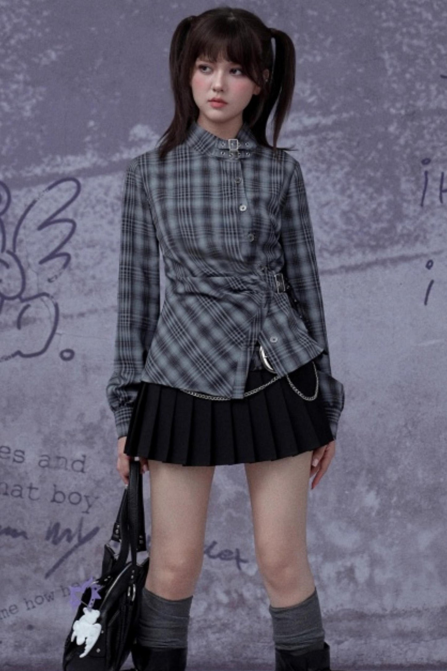 Gray-Blue Irregular Placket Plaid Shirt