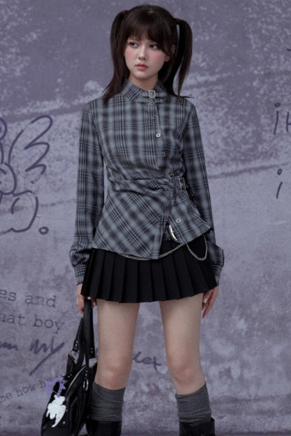 Gray-Blue Irregular Placket Plaid Shirt