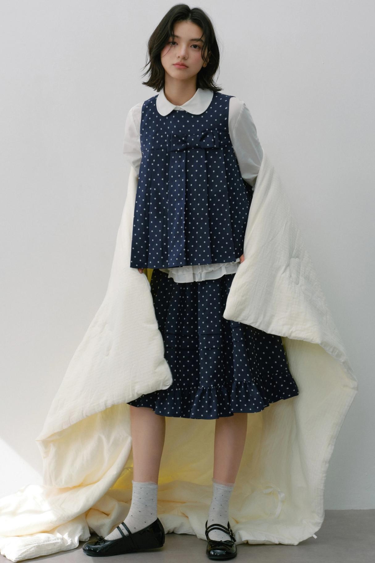 Navy Blue Polka Dot Puffy Skirt Set-Up