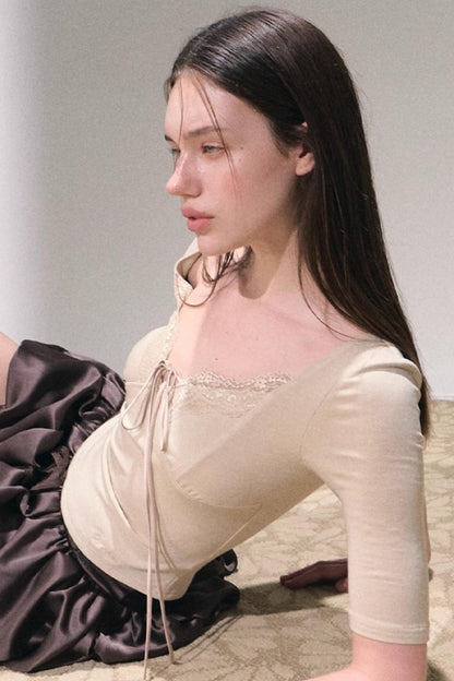 Taste of Cardamom Lace Knit V-Neck Top