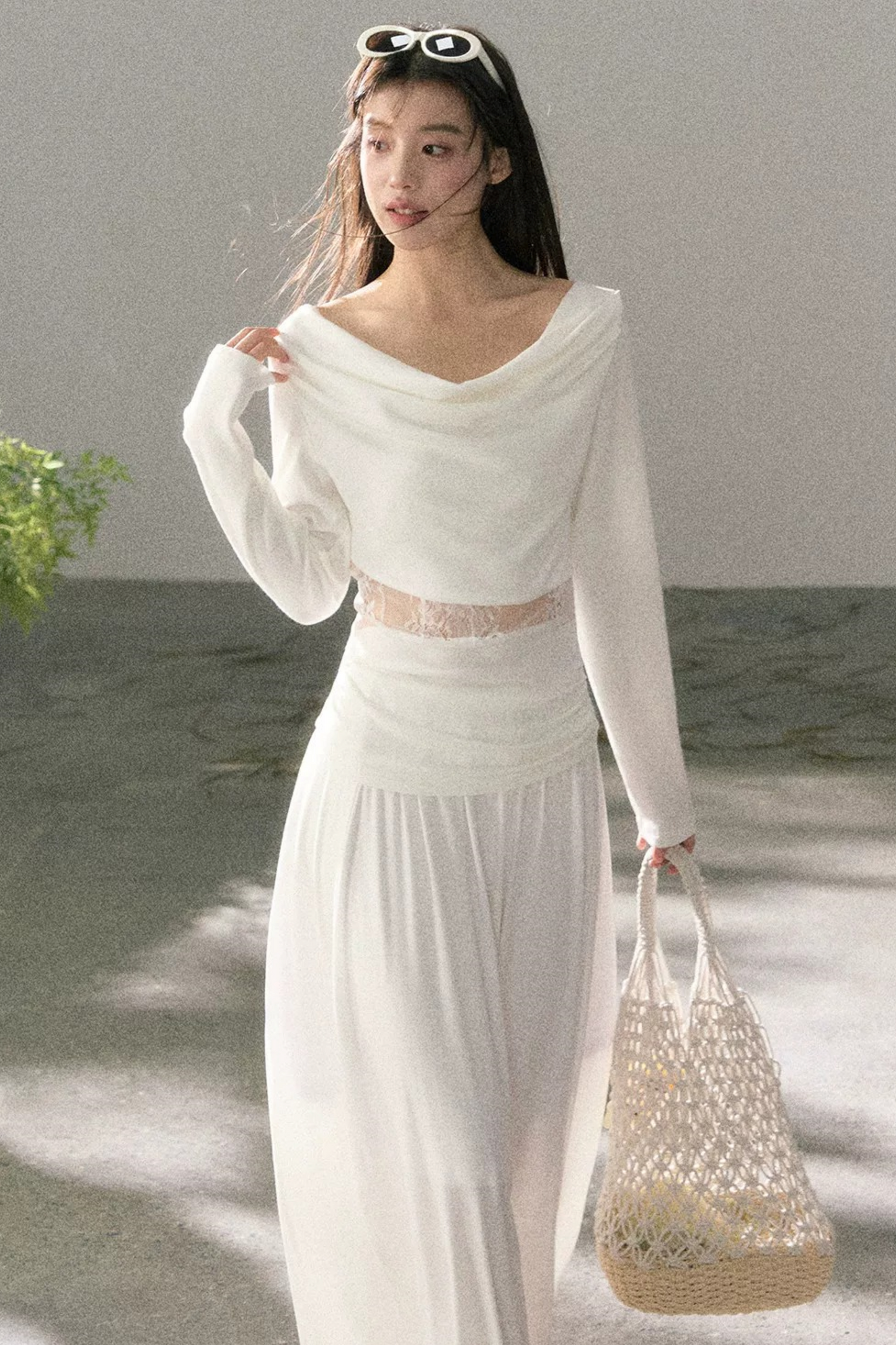 White Lace Cutout Draped Top Set-Up