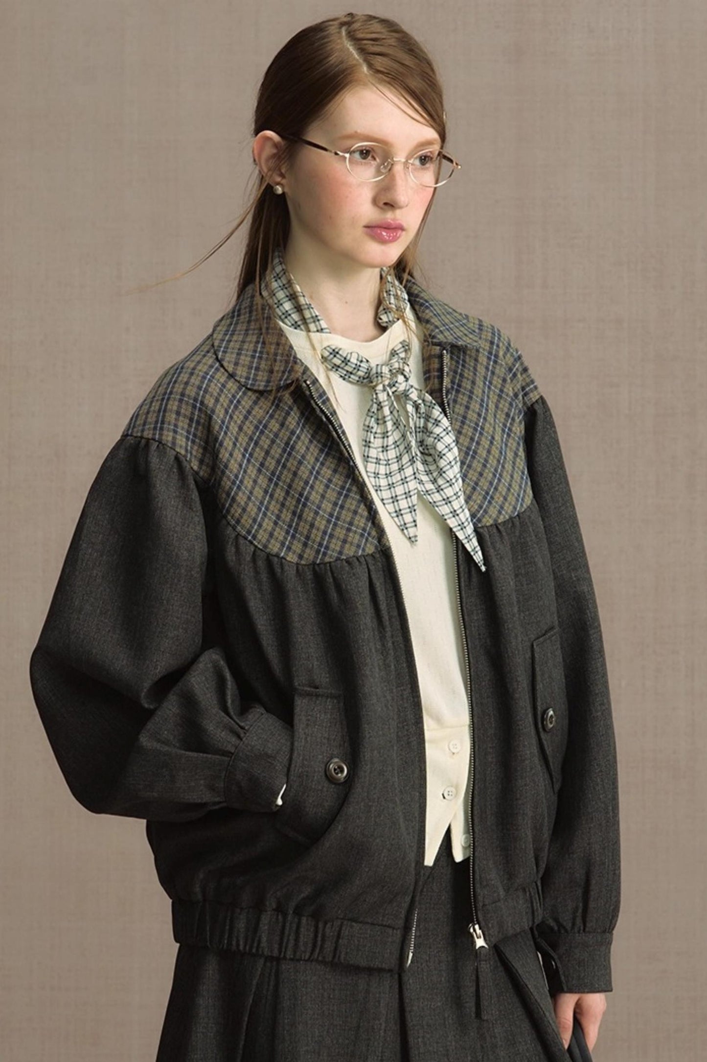 Retro Gray Plaid Cropped Jacket Set-Up