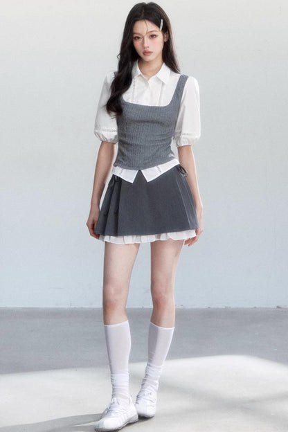 Conjunto de camisa de manga abullonada con bloques de color