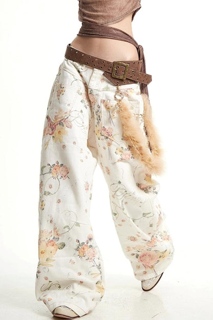 Vintage Floral Embroidery Wide-Leg Jeans