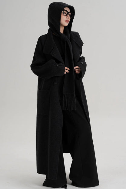 Temperament Hooded Scarf Wool Coat