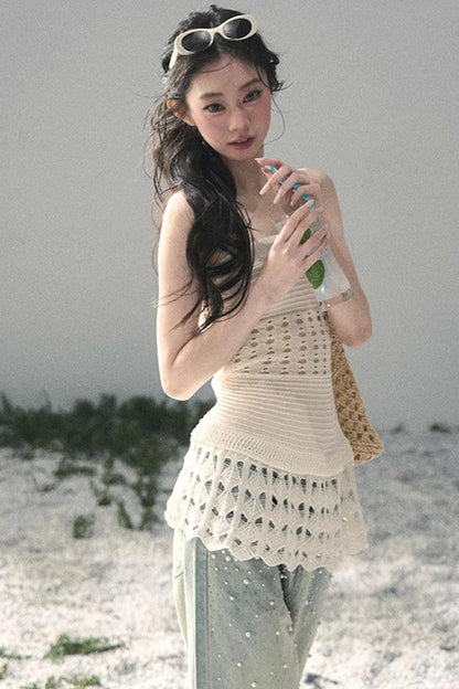 Französisches Strick-Hollow-Out-Unterhemd