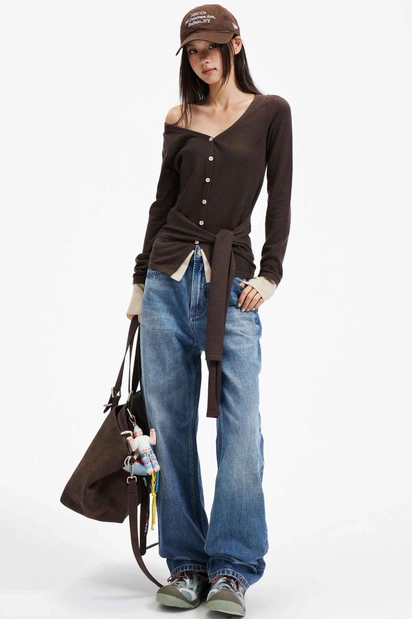 Color-Blocking Knit Off-Shoulder Sweater