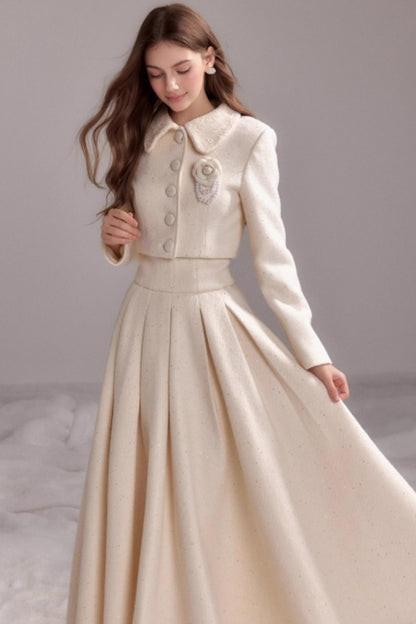 Thin Glitter Lapel Top & Pleated Skirt Set-Up