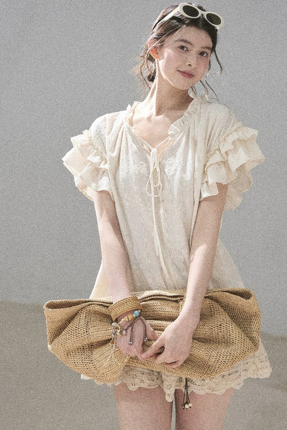 Bestickte V-Ausschnitt-Bluse