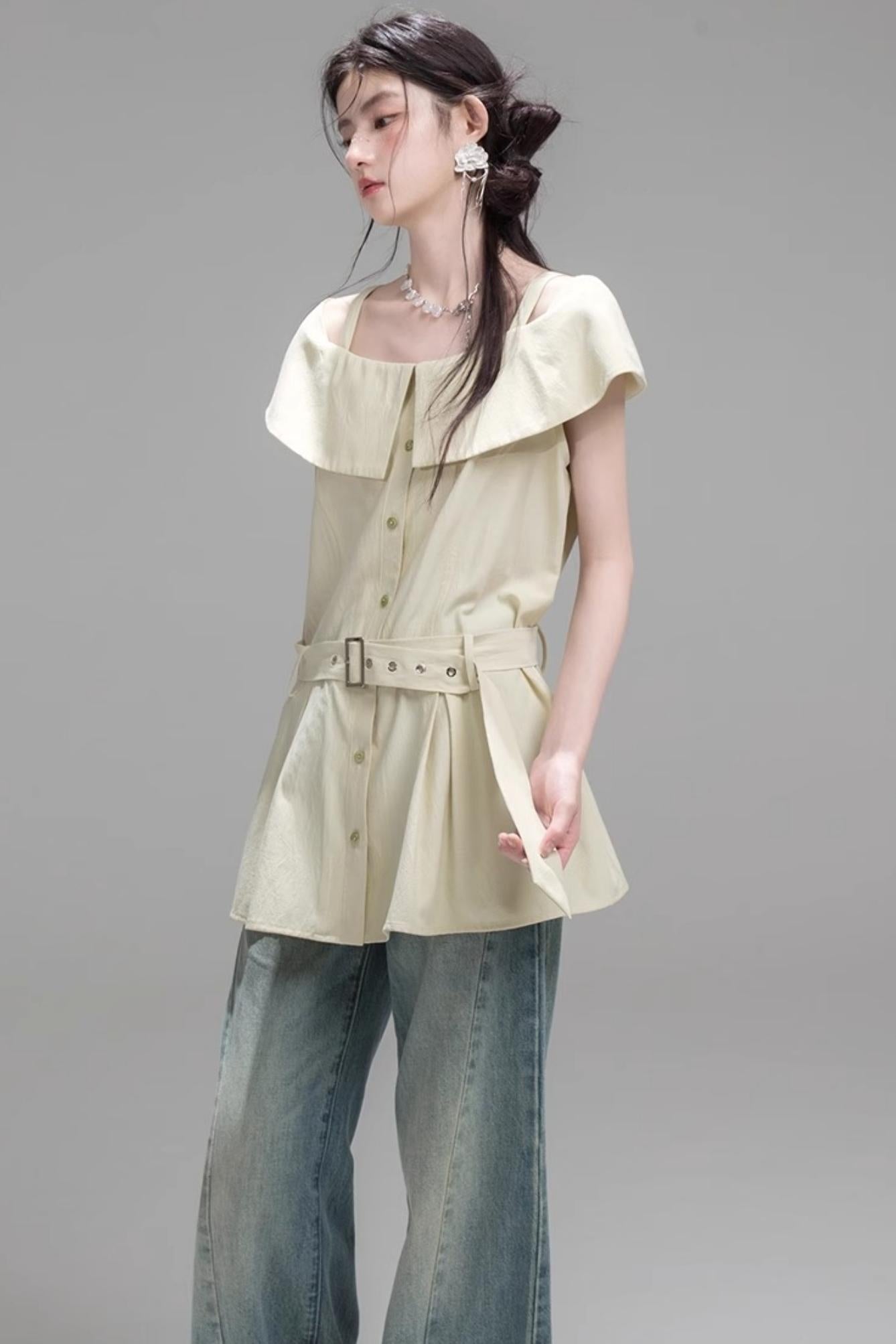 Layered Lime Green Belted Shirt & Pleated Shorts Set