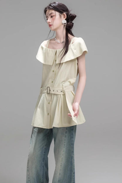 Layered Lime Green Belted Shirt & Pleated Shorts Set