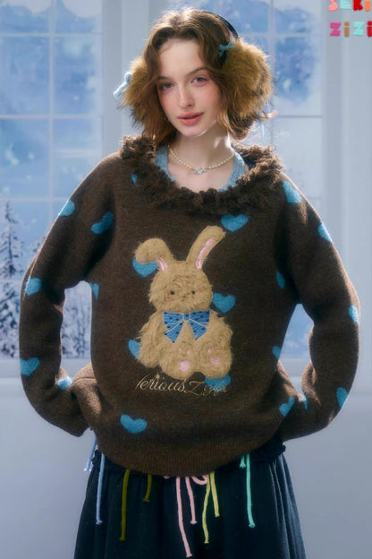 Plush Collar Rabbit Sweater