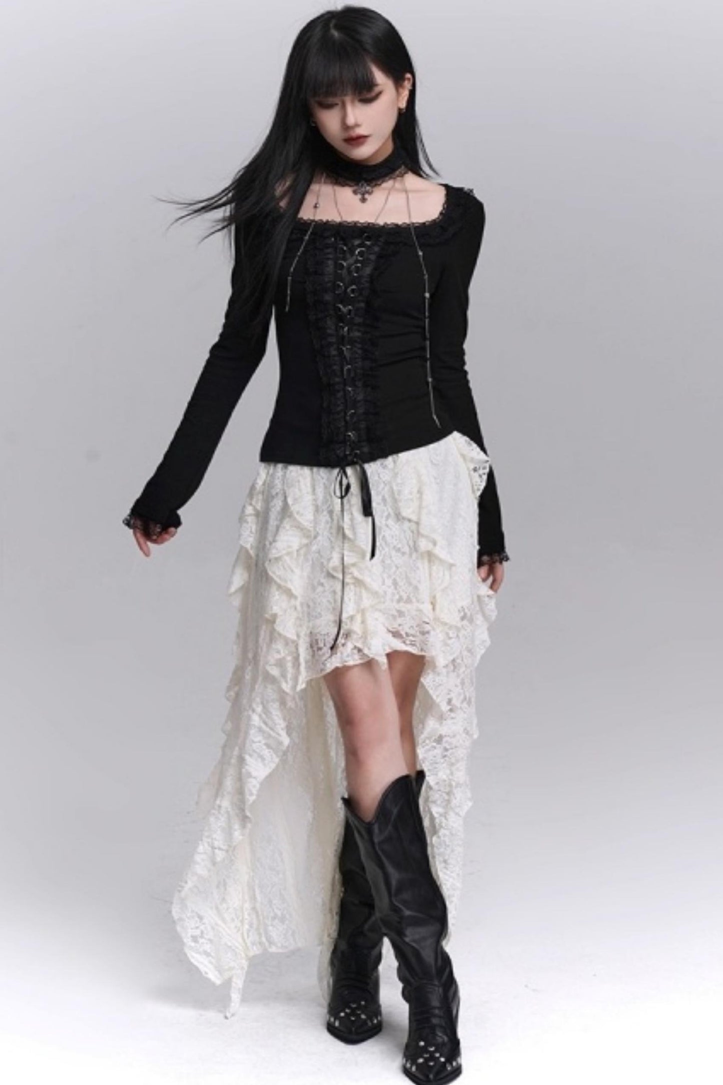Irregular Lace Hem Skirt