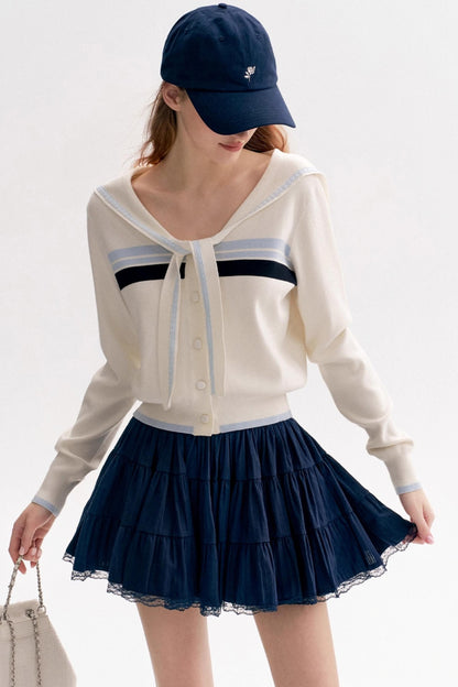 Navy Tie Shawl Contrast Sweater