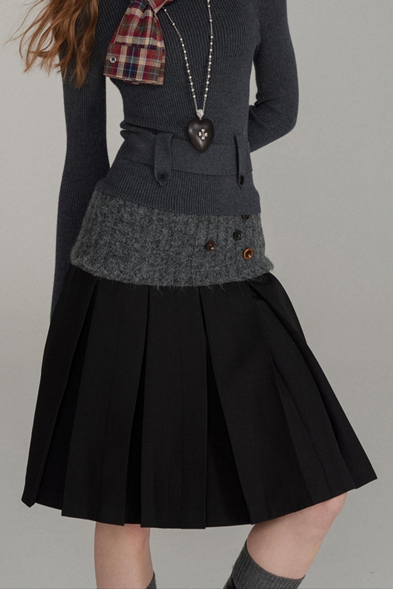 Wool Button Pleated A-Line Skirt