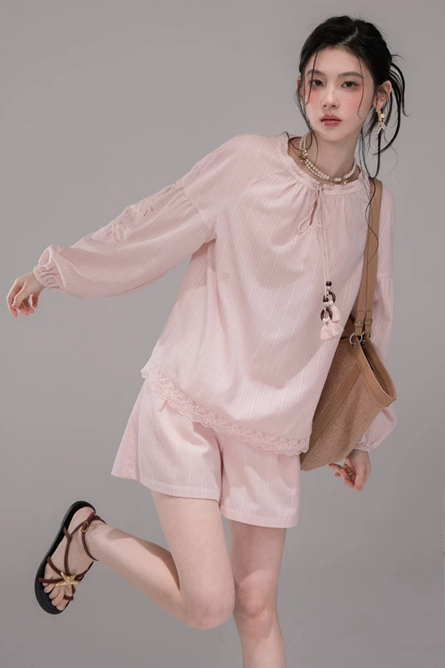 Completo Camicia a Righe Rosa Pesca