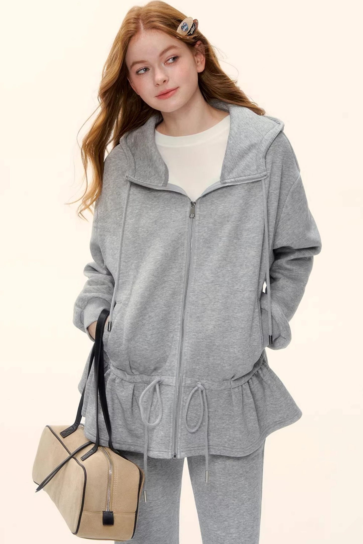 Hooded Drawstring Fleece Jacket Set-Up