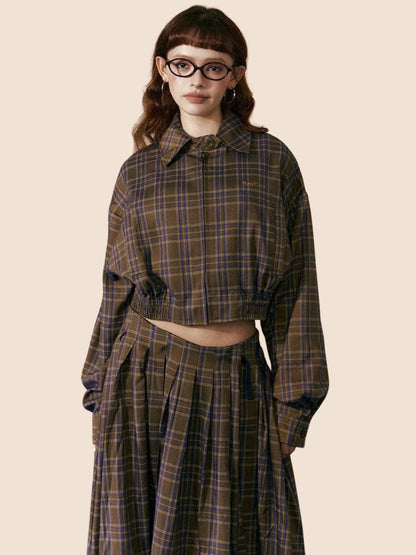 Retro Plaid Cropped Zipper Set