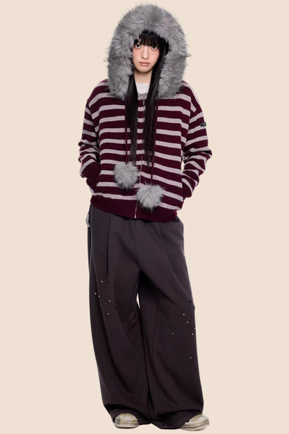 Fur Collar Striped Knit Cardigan