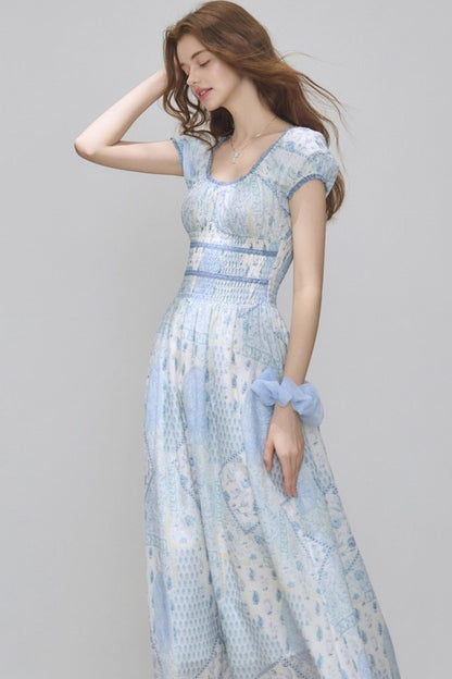 Puff Sleeves Waist Slim Long Dress