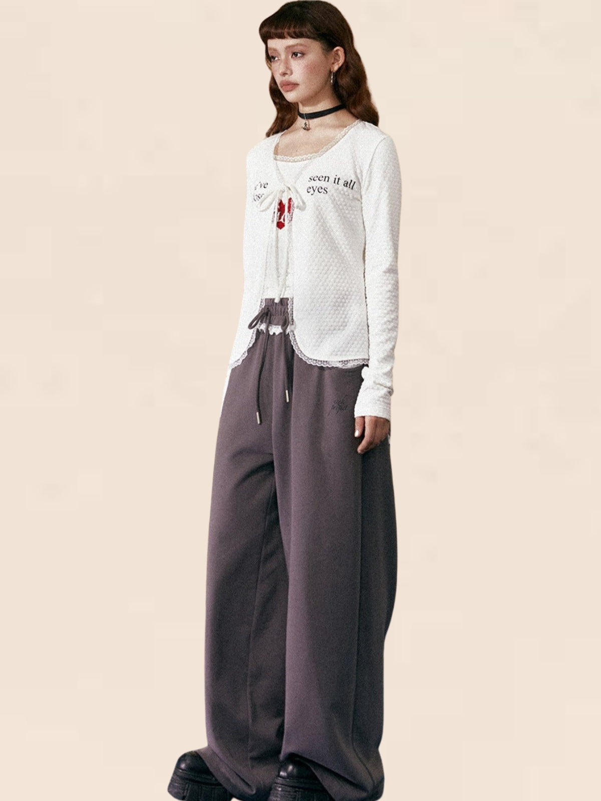 White Trim waist Long Loose Pants