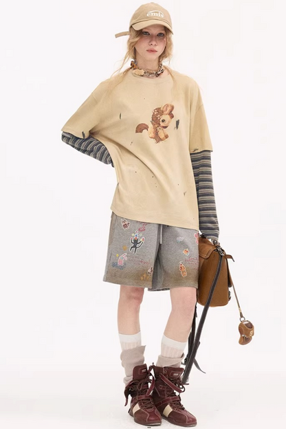 Cartoon Animal Distressed Pants