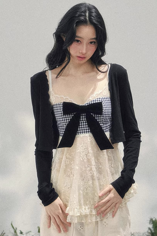 Bow Lace Plaid Top Set-Up