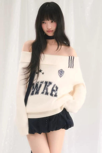 Letter Knit One-Shoulder Sweater