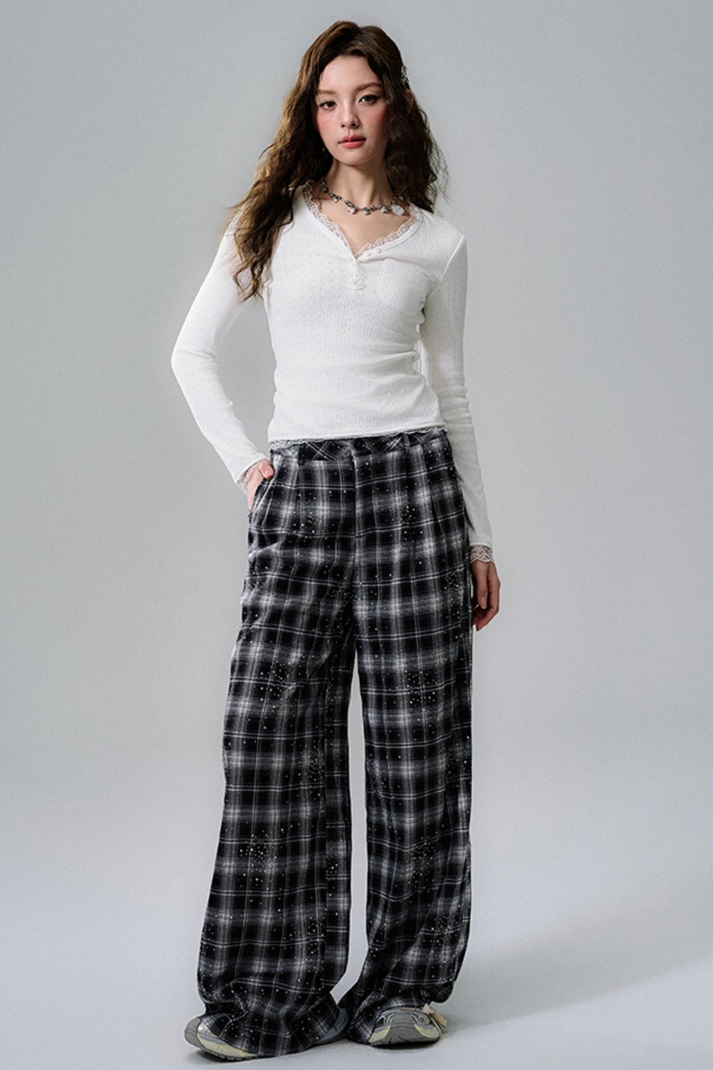 Lace-Trimmed V-Neck Henley Top