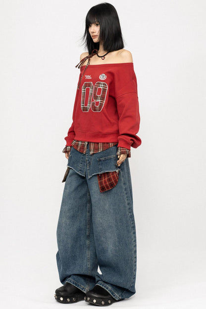 Vintage Plaid One-Shoulder Sweatshirt