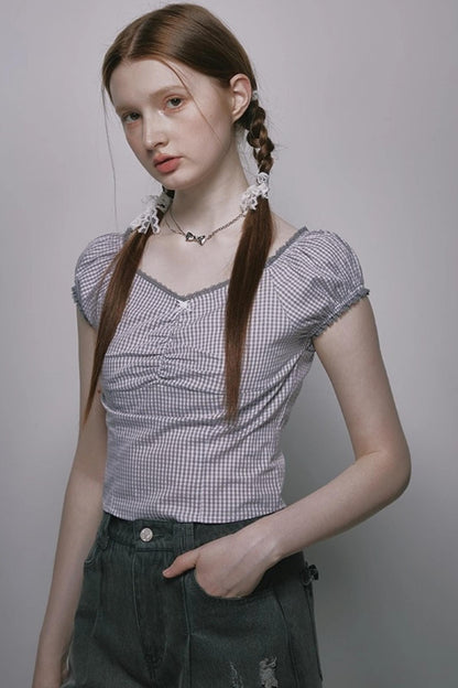 Nap Plaid Puff Sleeve Crop Top