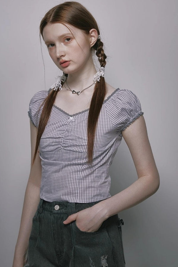 Nap Plaid Puff Sleeve Crop Top