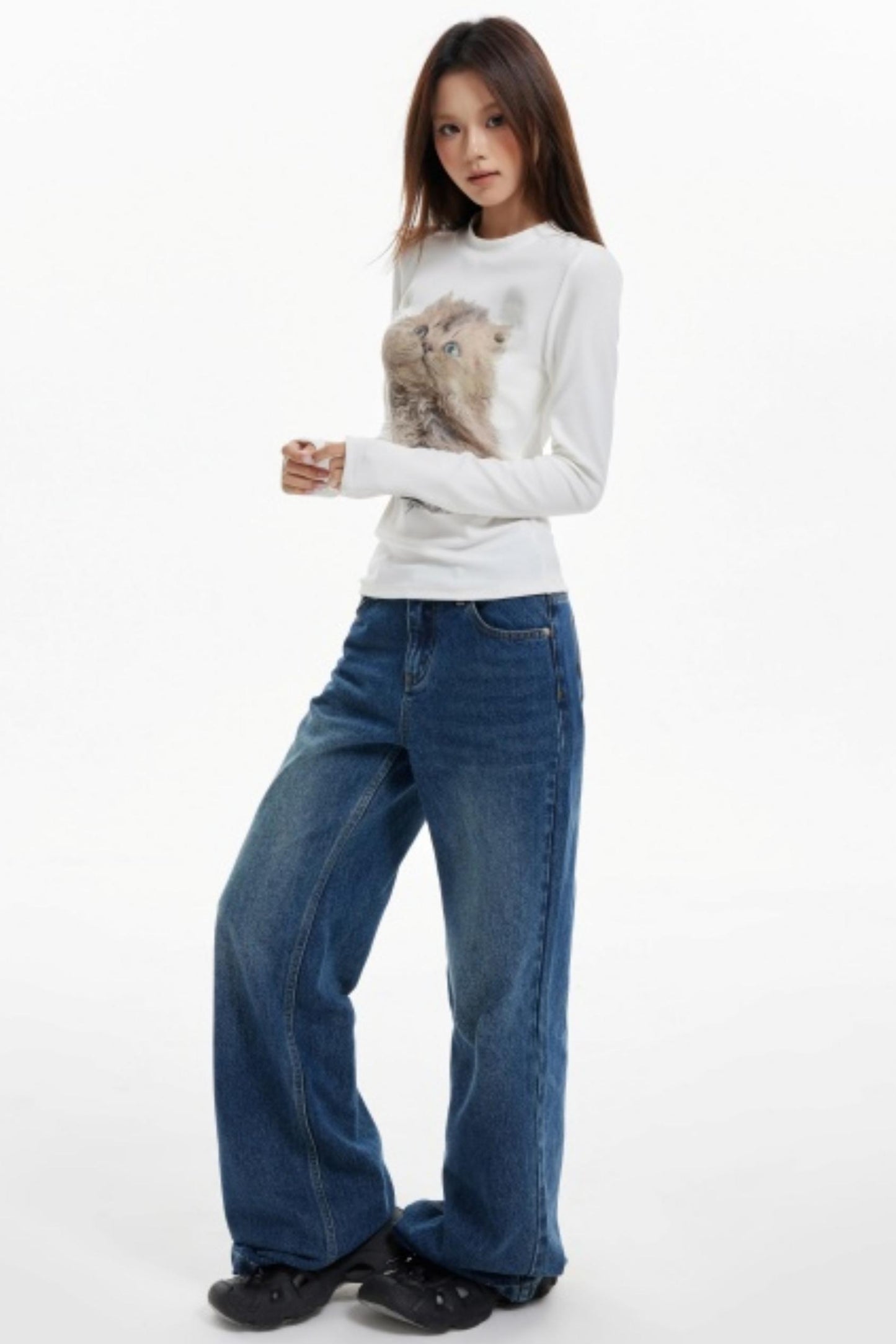 Cat Print Slim Knit Base Top