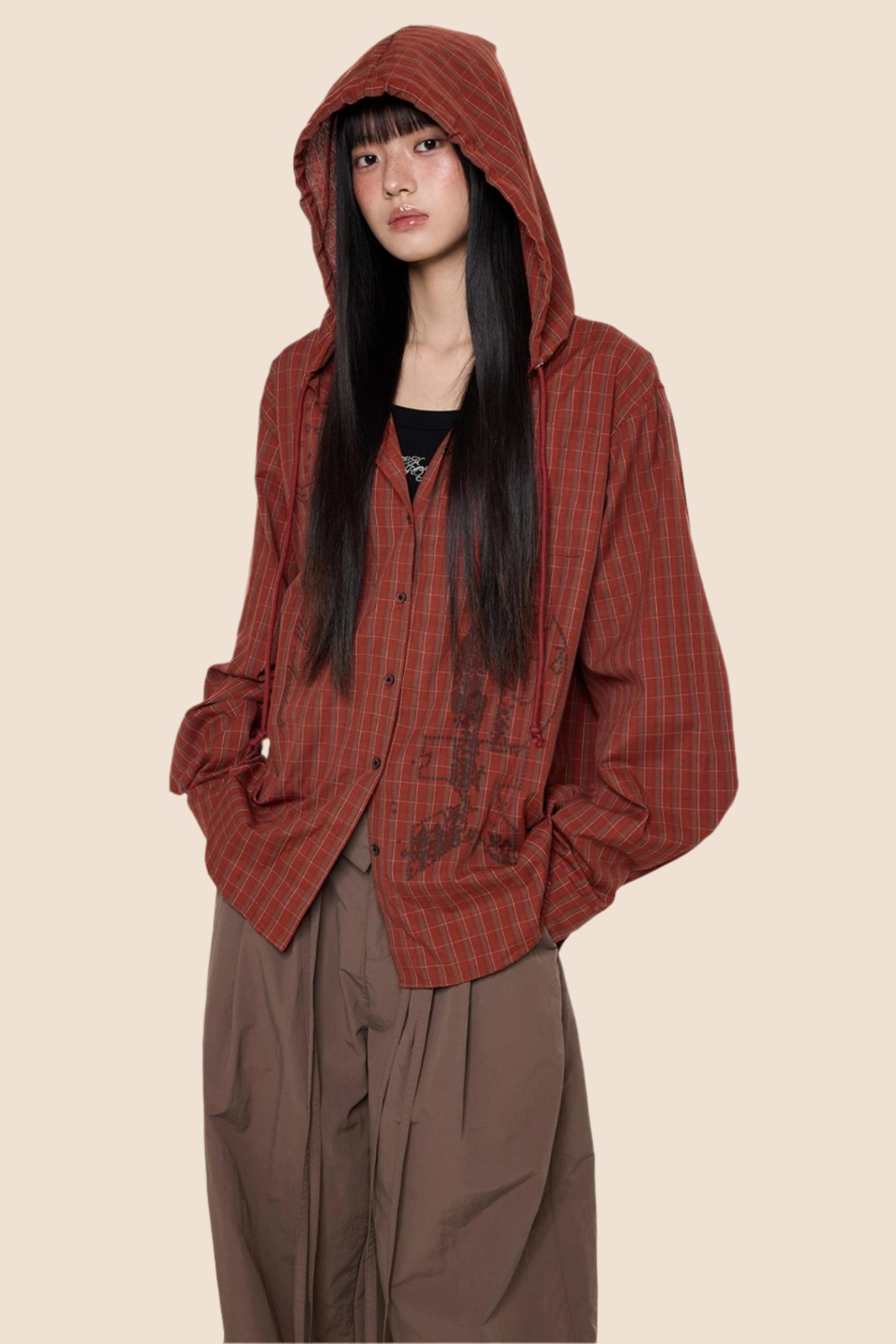 Hooded Plaid Lightweight Loose Jacket