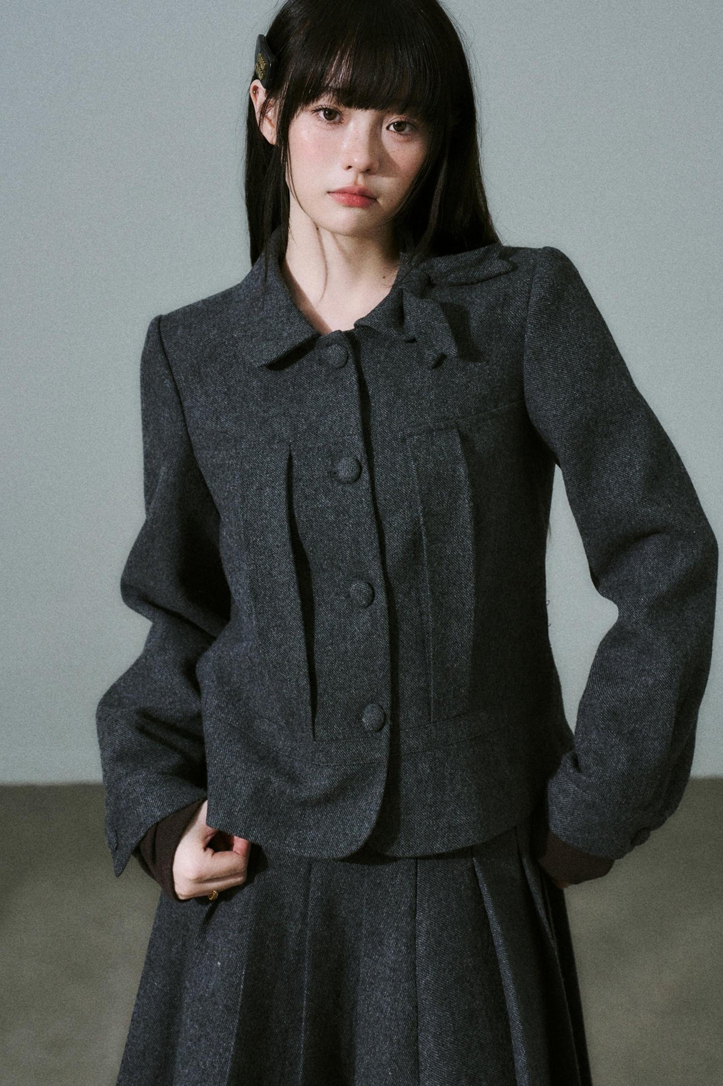 Wool Bow Tie Blazer Suit & Skirt Set-Up