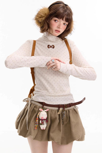 Retro Polka Dot High-Neck Long Sleeve T-Shirt