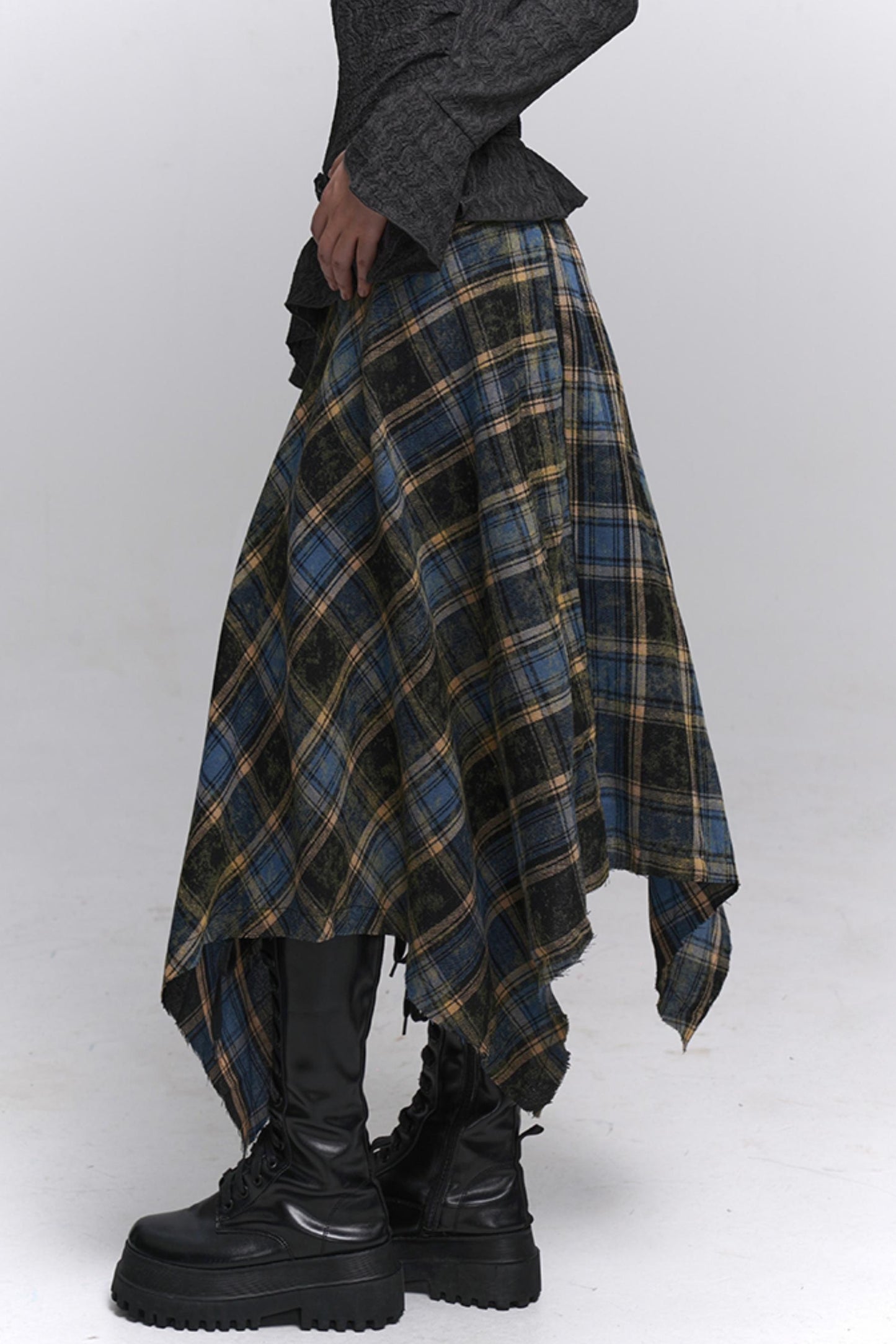 Beautiful Blue Plaid A-Line Skirt & Belt Set