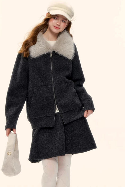 Wool Blend Lapel Fur Collar Coat Set-Up