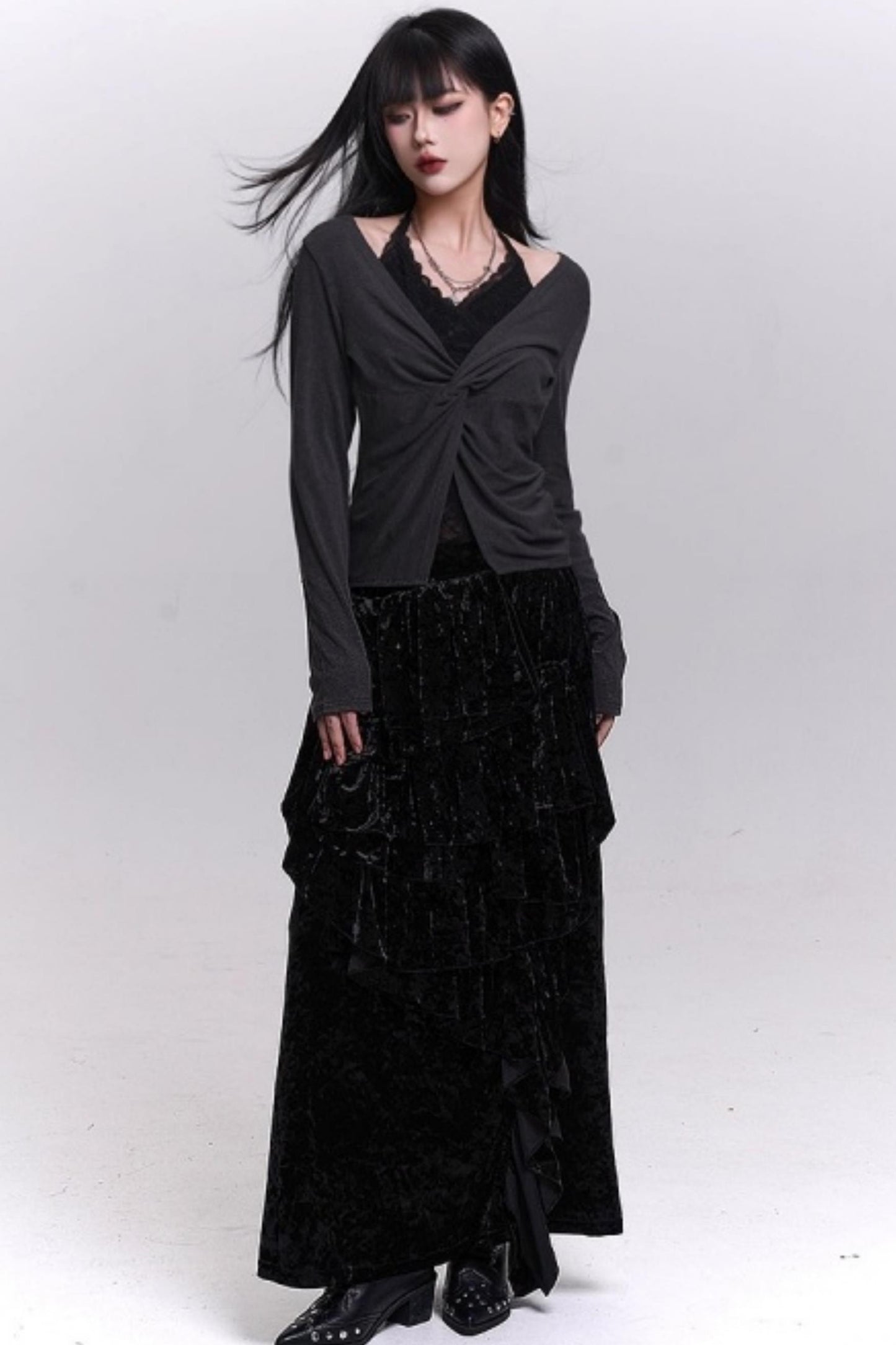 Velvet Irregular Hem Long Skirt