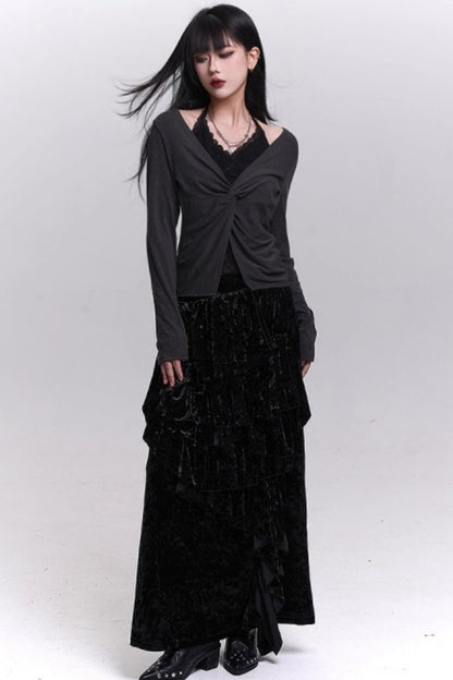 Velvet Irregular Hem Long Skirt