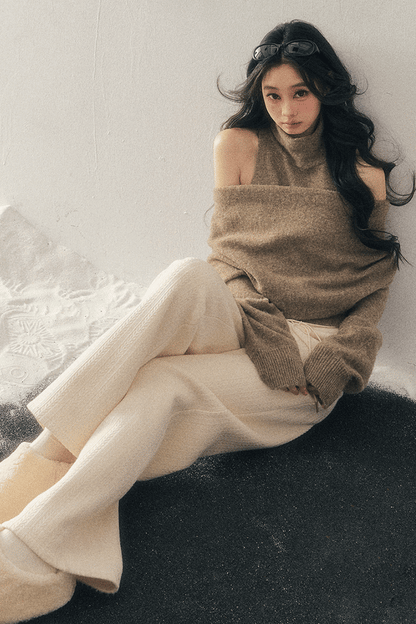 High-Neck Off-Shoulder Knit Sweater Set