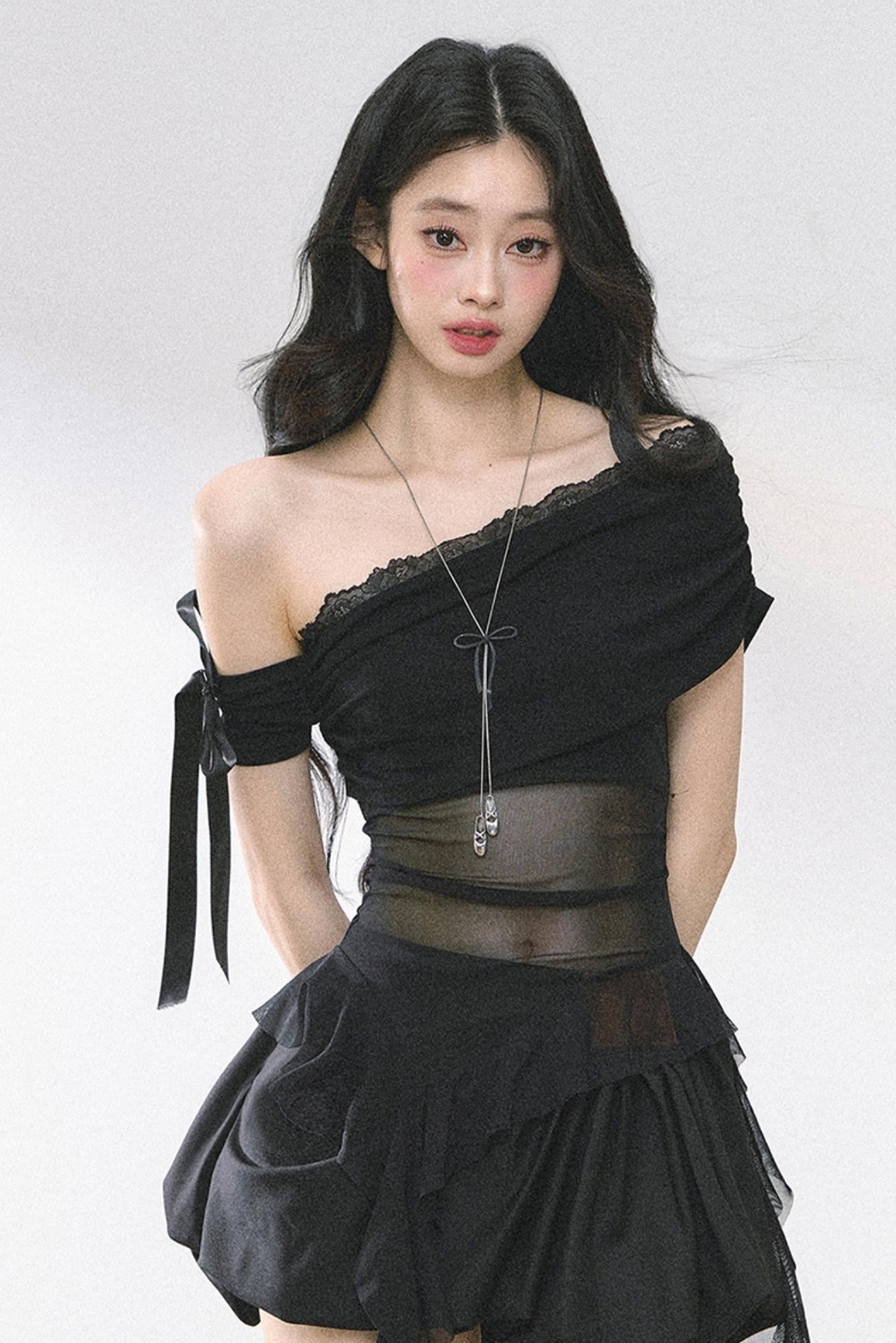 Sheer Mesh Off Shoulder T-Shirt