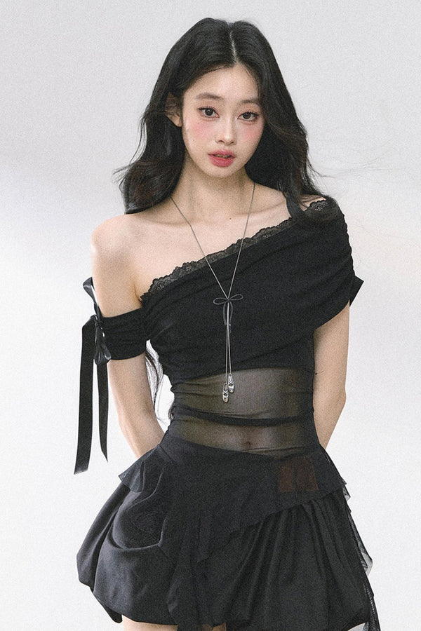 Sheer Mesh Off Shoulder T-Shirt