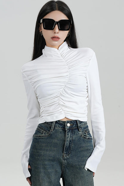 SRYSAME's fashionable design, pleated high-waisted base layer, T-shirt, long-sleeved top, autumn new women's wear