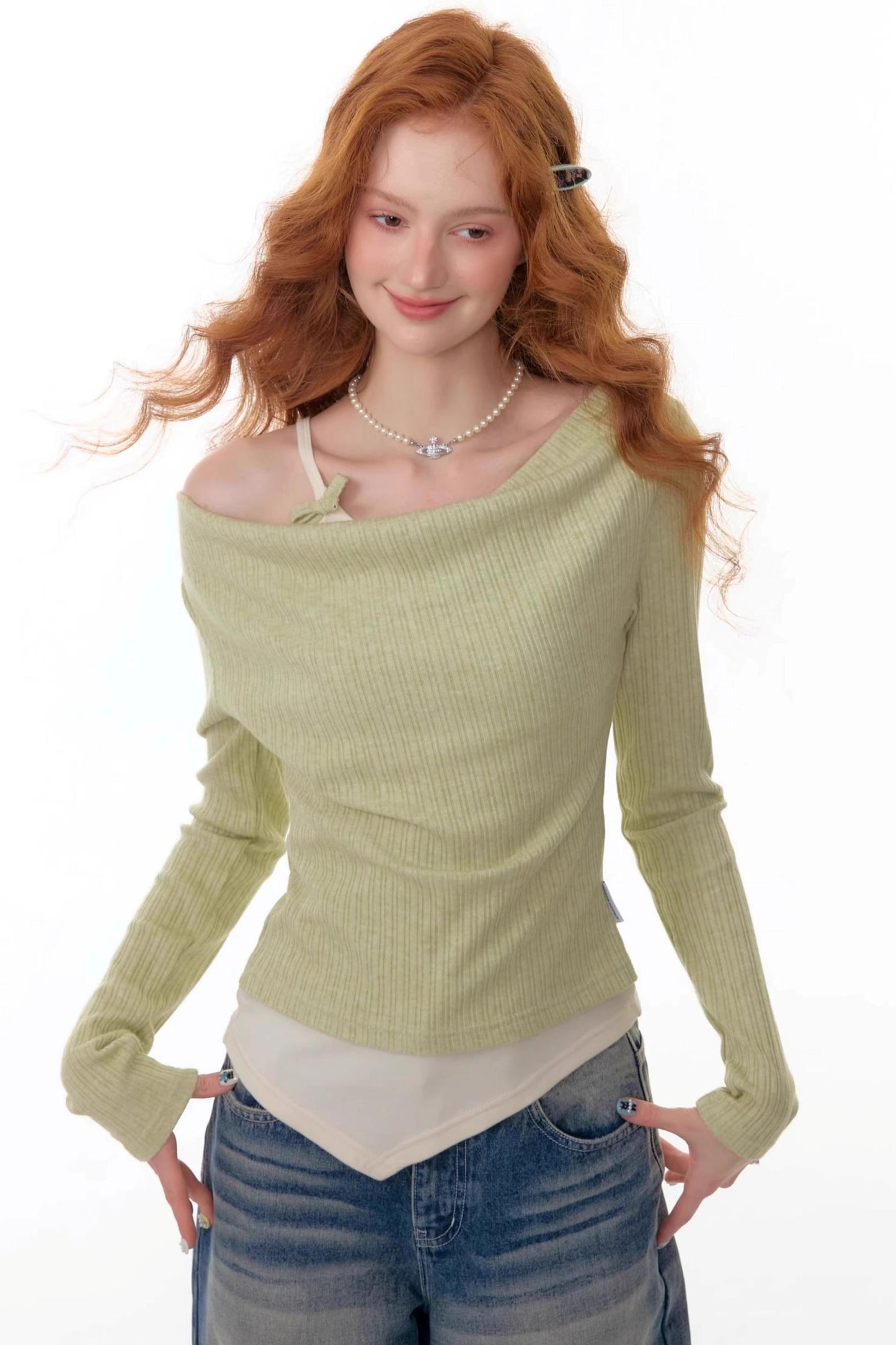 Swing Collar Fake Two Pieces Slim Top