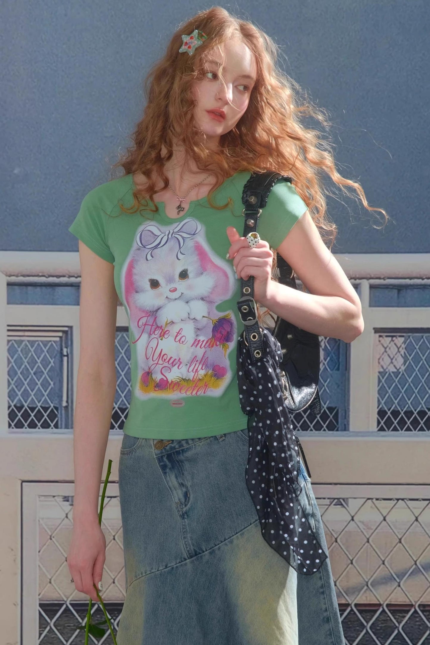 Retro Design Rabbit Print Slim Top
