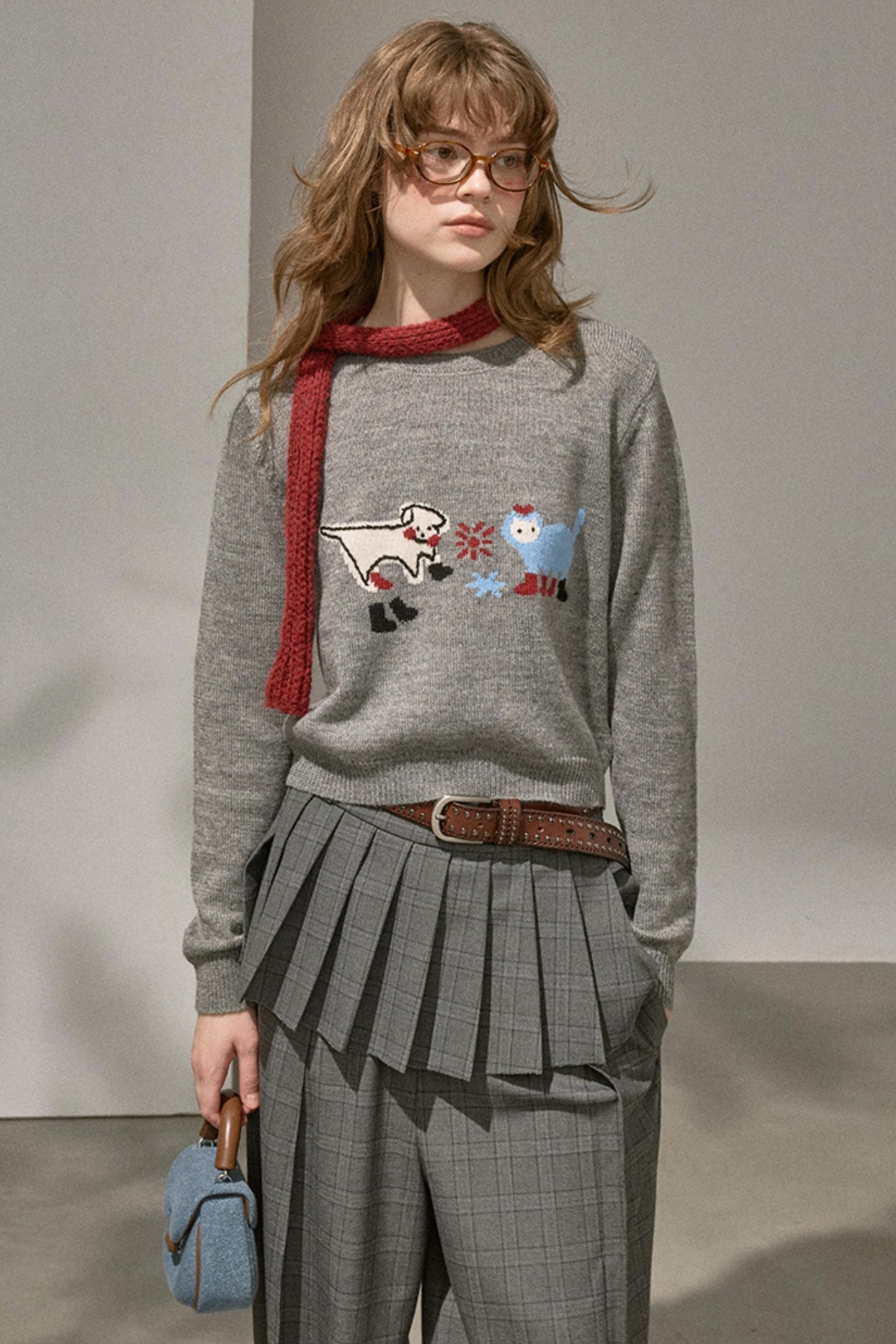 Kitten Puppy Embroidered Wool Blend Top