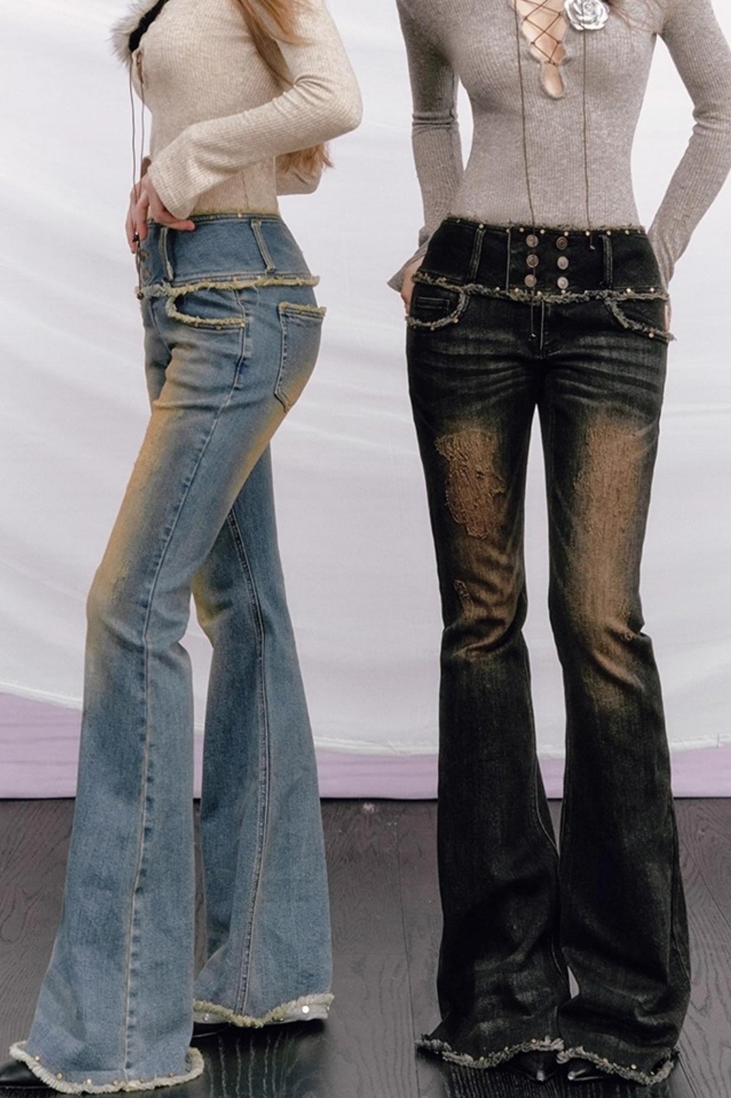 Vintage Distressed Denim Flared Pants
